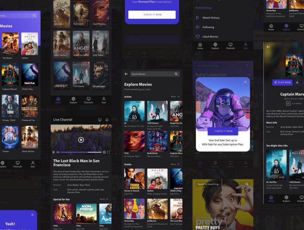 40+电影流媒体UI界面设计套件素材下载Movie Streaming App UI Kits-酷社 (KUSHEW)