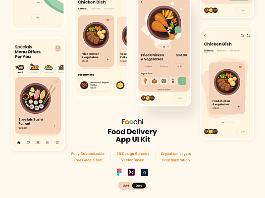 iOS外卖点餐食品生鲜配送平台App应用 UI 套件Foochi - Food Delivery App UI Kit