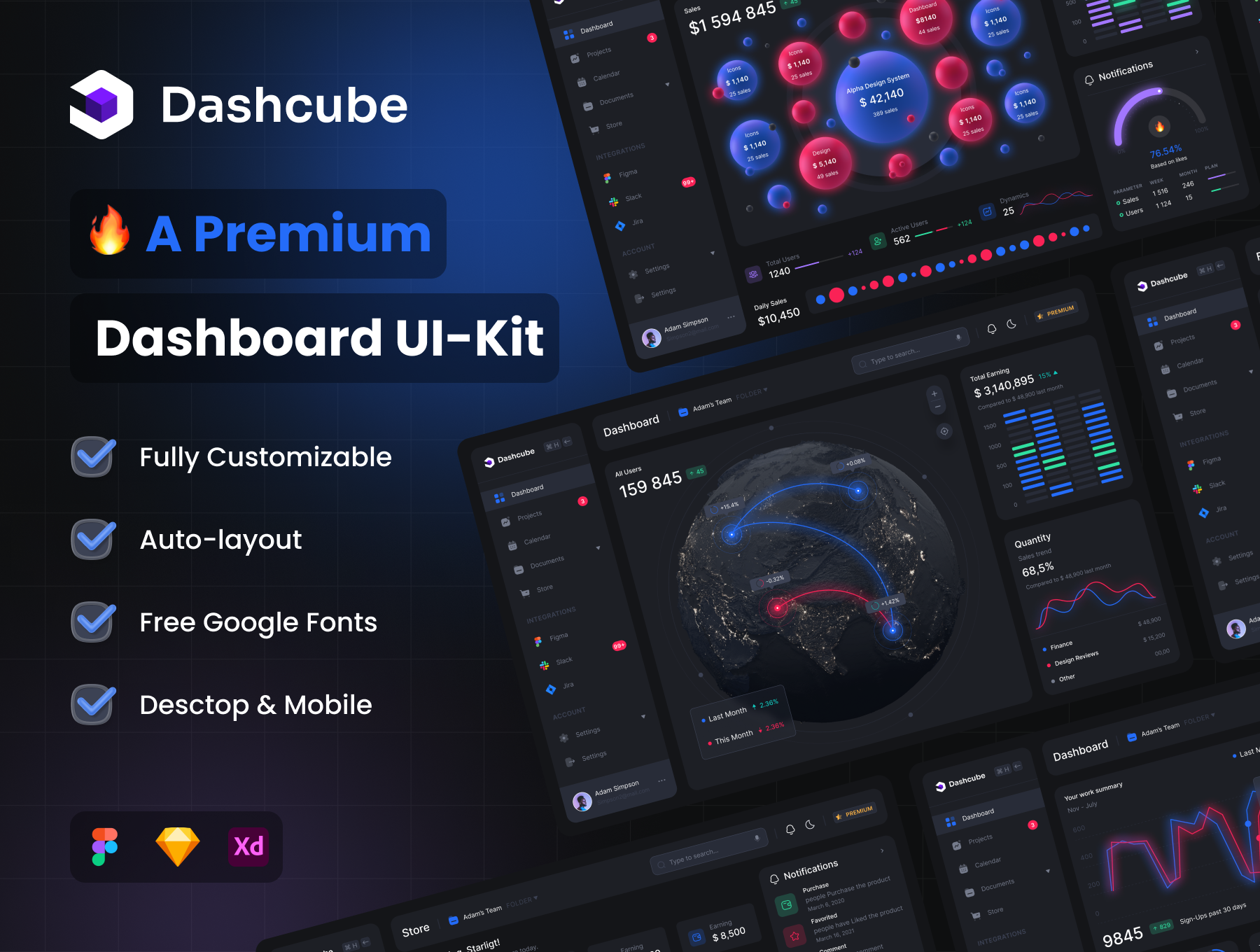 暗黑系3D高级多功能仪表板UI套件Dashcube Dashboard Ui Kit