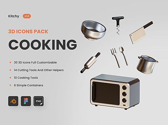 30个高级拟真3D厨房用品餐具图标Kitchy – 3D Cooking ware Icons