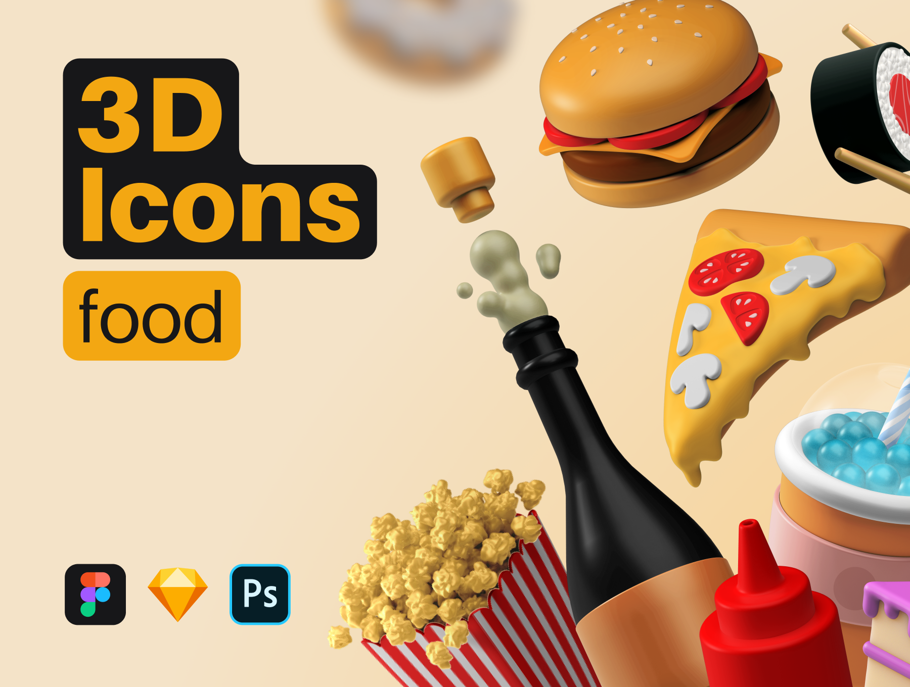 20+3D汉堡寿司食物主题图标素材3D Icons Pack - Food