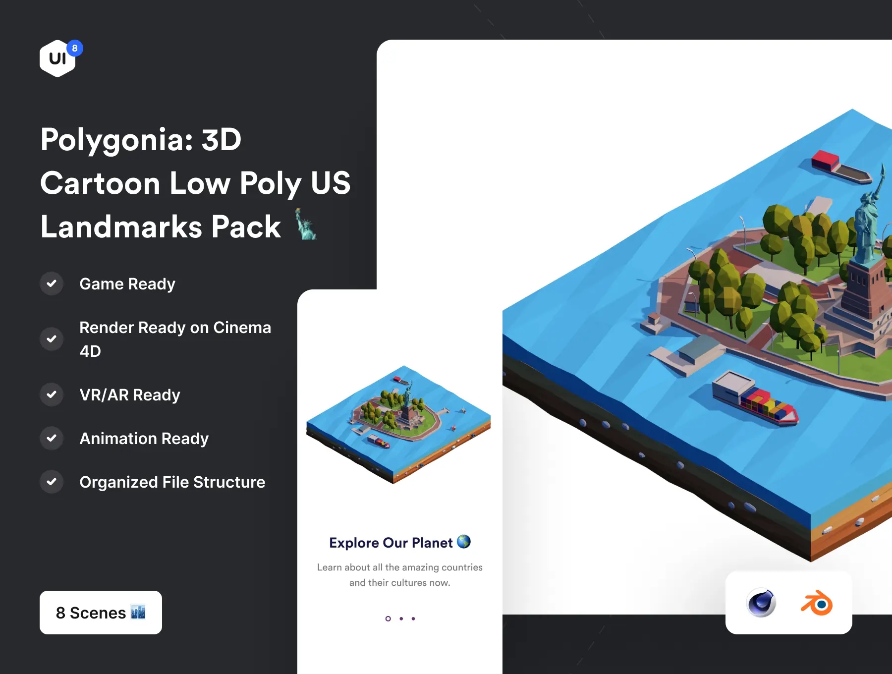 C4D卡通3D美国地标素材 Polygonia Low Poly US Landmarks Pack