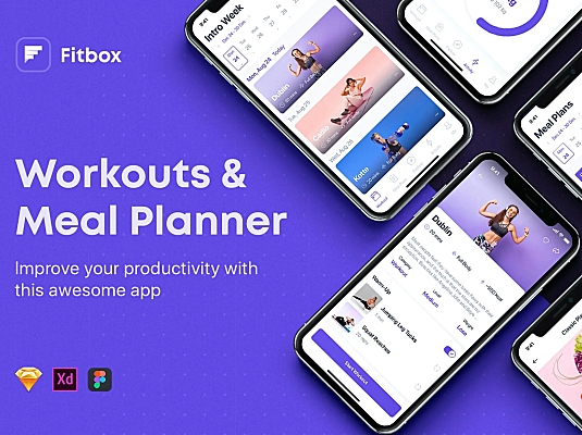健身锻炼减分饮食计划APP界面UI套件 fitbox-workouts-meal-planner-ui-kit
