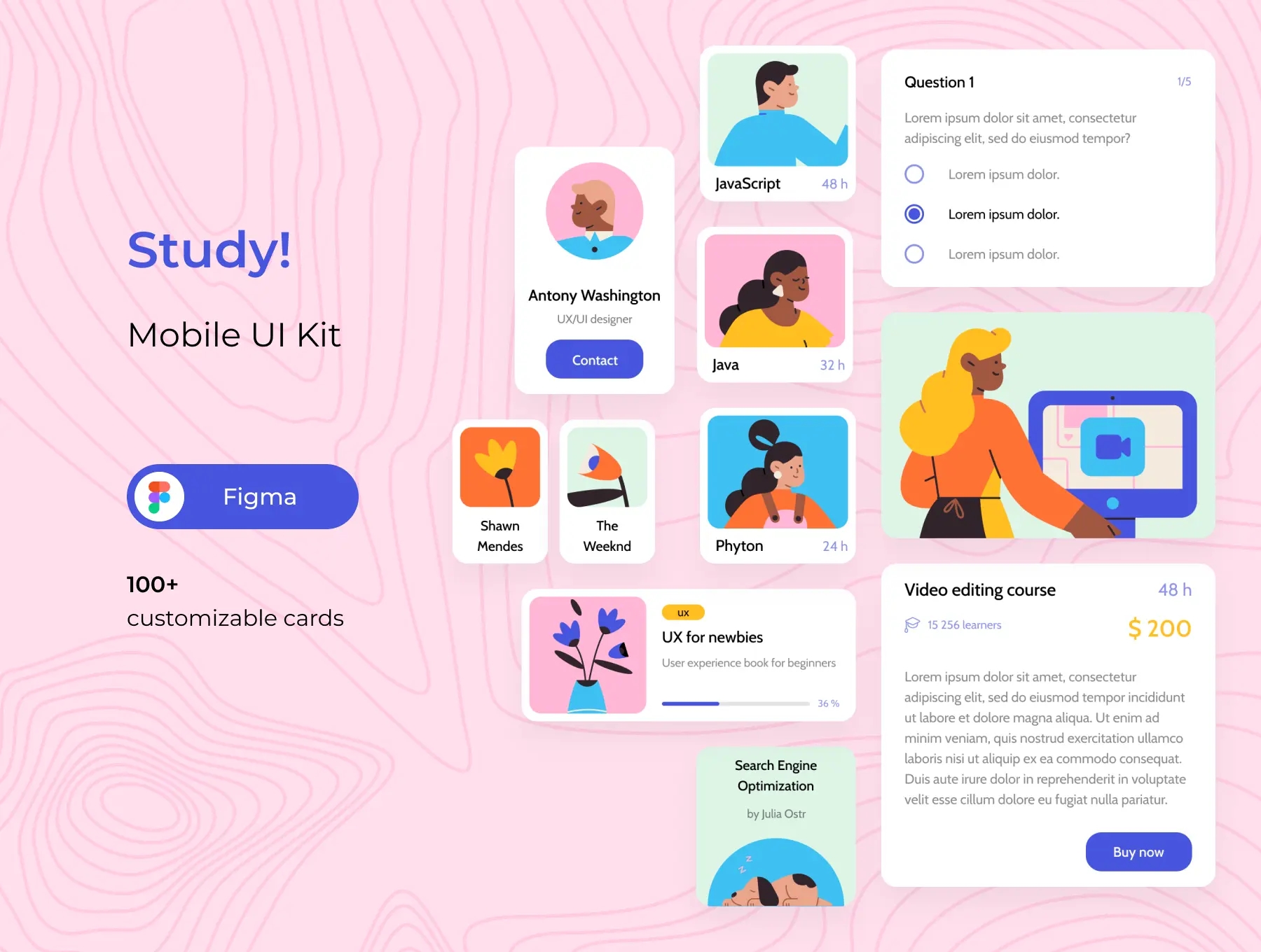卡片式学习&音乐平台APP应用程序UI设计套件 Study app UI Kit
