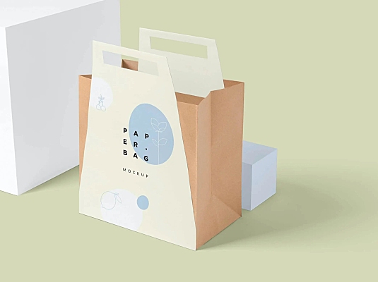 外卖手提牛皮纸袋外包装设计样机图素材 paper-bag-mock-ups