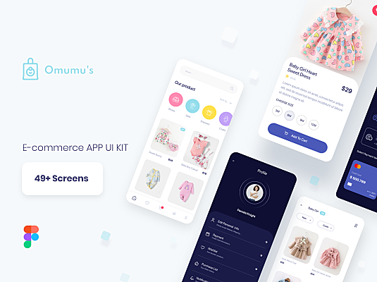 儿童服装网络商城电子商务应用程序 UI 套件 Omumus E-Commerce App UI Kit