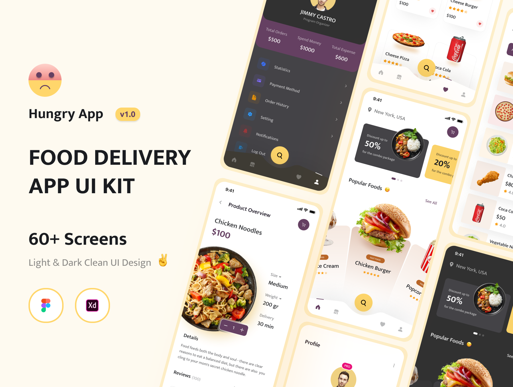 外卖点单配送App应用程序UI套件 Hungry - Food Delivery App UI KIT Dark & Light