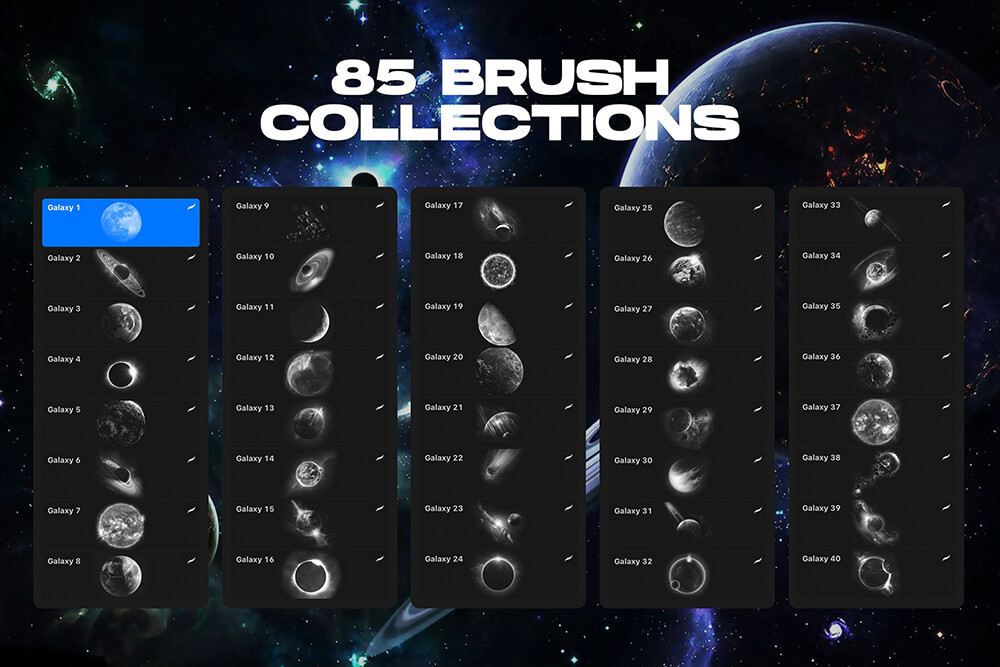 80+银河星系元素主题Procreate笔刷合集下载 Procreate Galaxy Brushes-酷社 (KUSHEW)