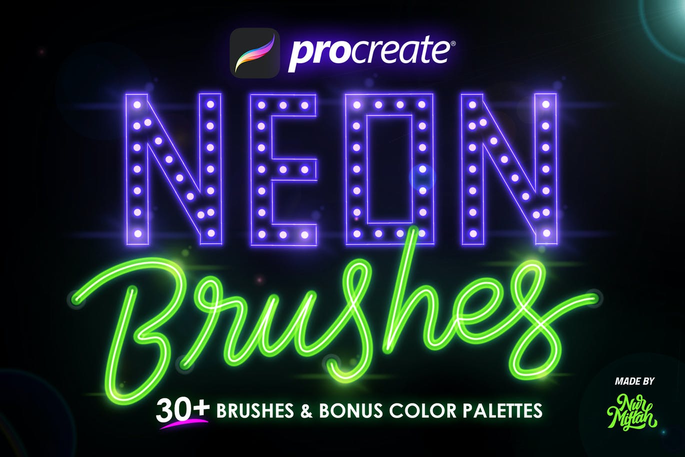 30+款iPad炫彩闪耀霓虹灯效果Procreate软件笔刷 procreate-neon-brushes