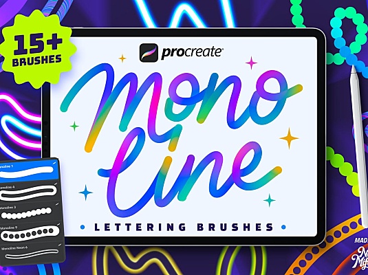 Procreate软件炫光风格单线刻字笔刷 procreate-monoline-lettering-brushes