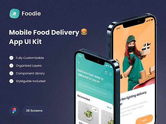 外卖点单平台跑腿配送iOS端APP UI设计套件 Foodie – Food Delivery App UI KIT