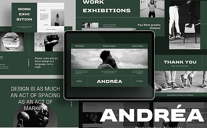 深绿色服装品牌文化宣传主题Powerpoint幻灯片模板 andrea-powerpoint-template
