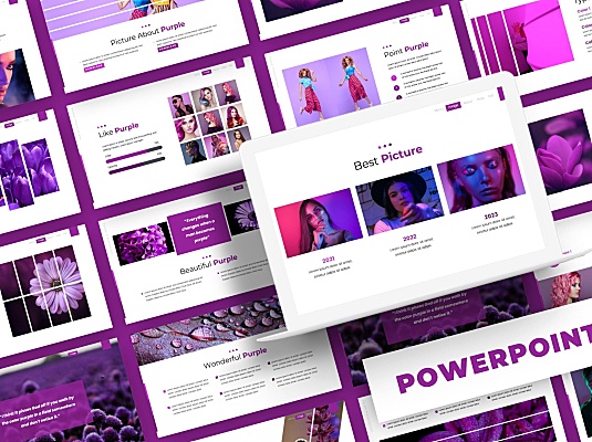 紫色系女装发型设计主题PPT幻灯片模板 viola-powerpoint-template
