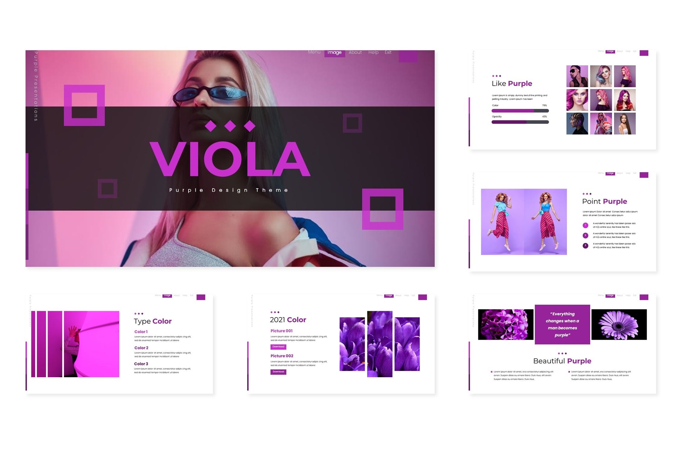 紫色系女装发型设计主题PPT幻灯片模板 viola-powerpoint-template-酷社 (KUSHEW)