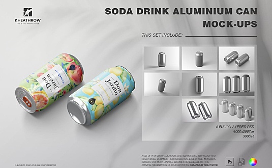 金属质感汽水碳酸饮料啤酒易拉罐包装VI设计样机素材soda-drink-aluminum-can-mock-ups