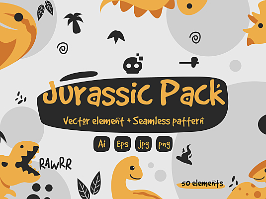 侏罗纪包恐龙图形和无缝图案元素 Jurassic Pack Graphic & Pattern Element