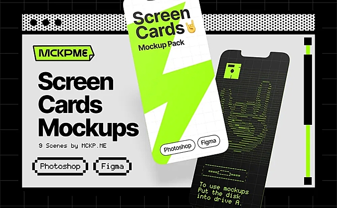 9款卡片式iPhone手机屏幕app ui内容展示设计样机Screen Cards Mockup Pack
