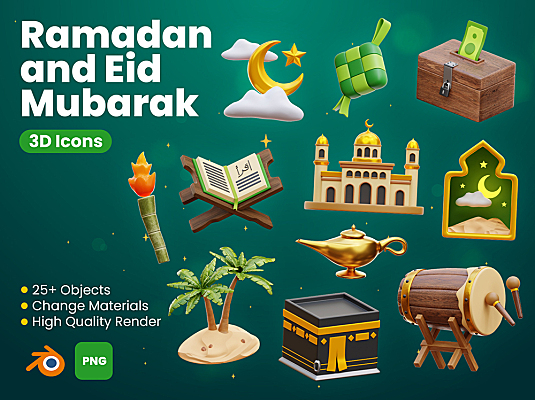 游戏动画斋月和开斋节主题3D图标 Ramadan and Eid Mubarak 3D Icons