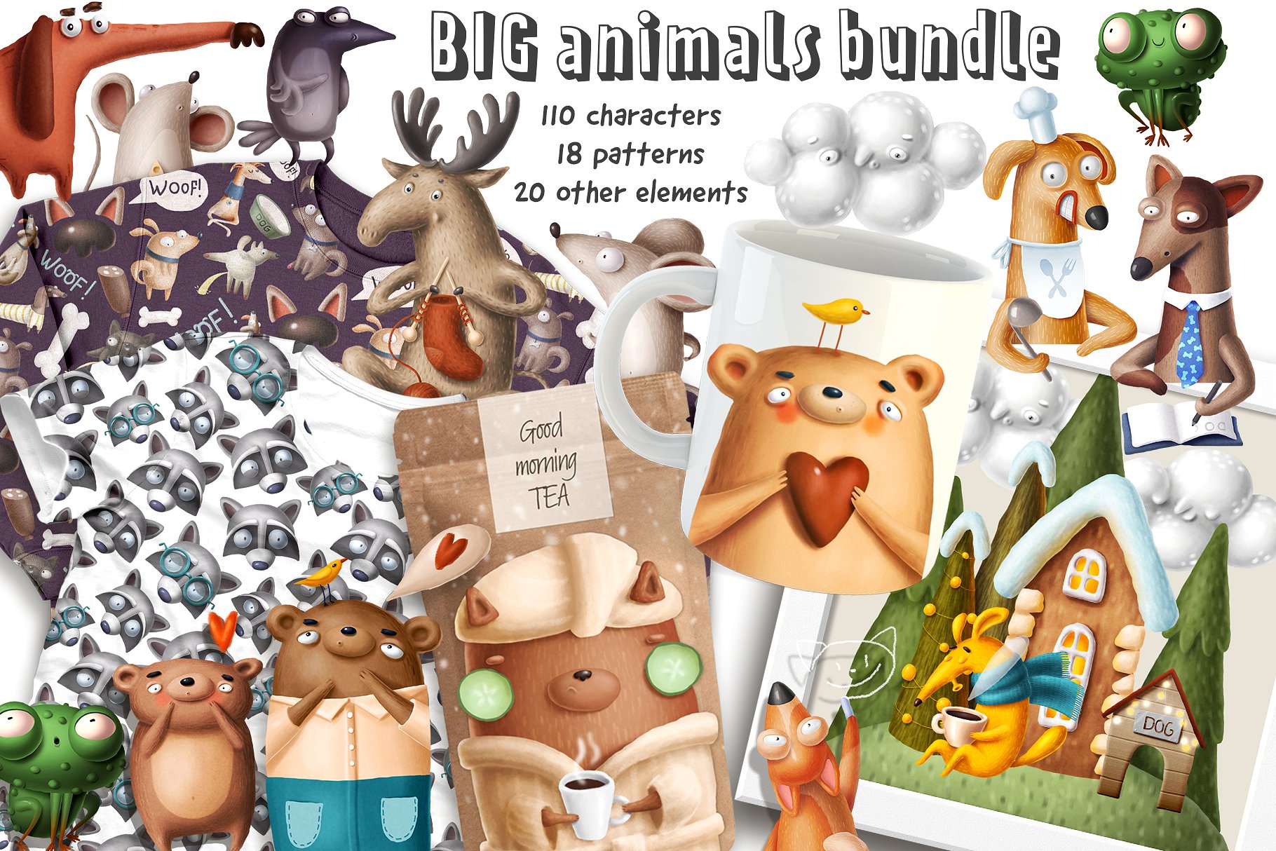 滑稽搞笑又很高端的可爱手绘矢量动物素材合集Big Animal Bundle-酷社 (KUSHEW)