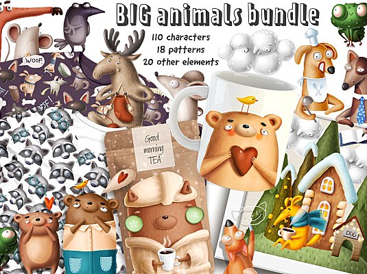 滑稽搞笑又很高端的可爱手绘矢量动物素材合集Big Animal Bundle