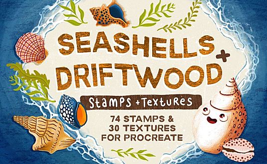 贝壳&海洋元素Procreate图案笔刷套装 (brushset) Seashells-Driftwood-Procreate-Set