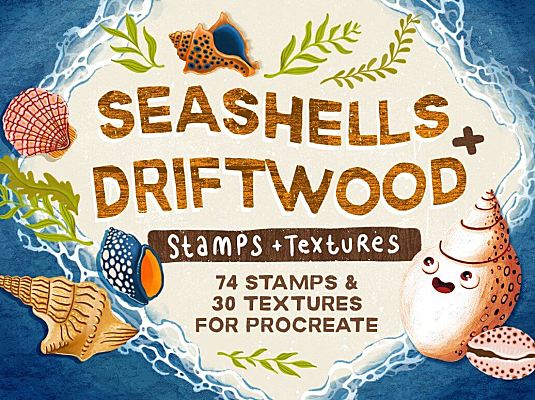 贝壳&海洋元素Procreate图案笔刷套装 (brushset) Seashells-Driftwood-Procreate-Set