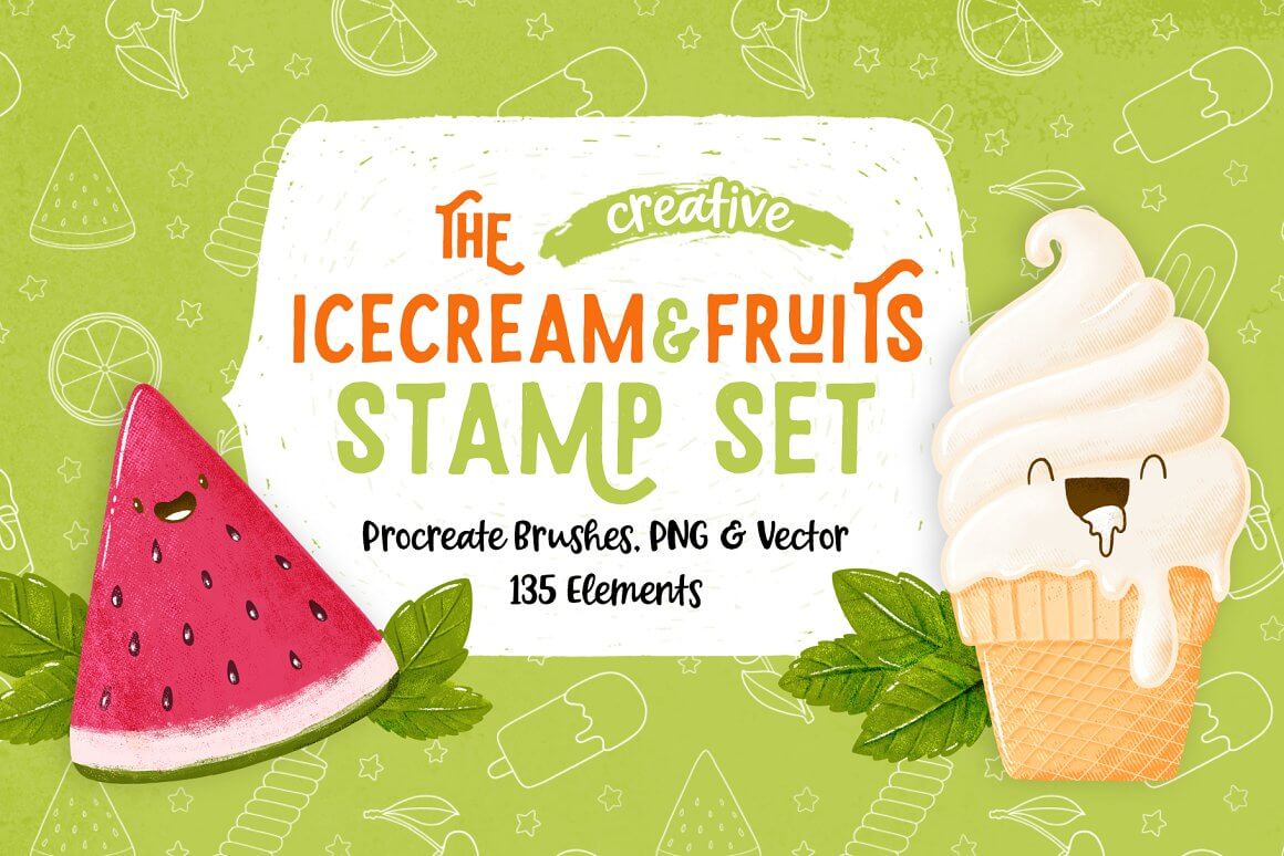 创意卡通冰淇淋和水果图案Procreate笔刷素材Procreate Icecream  Fruits Stamps-酷社 (KUSHEW)