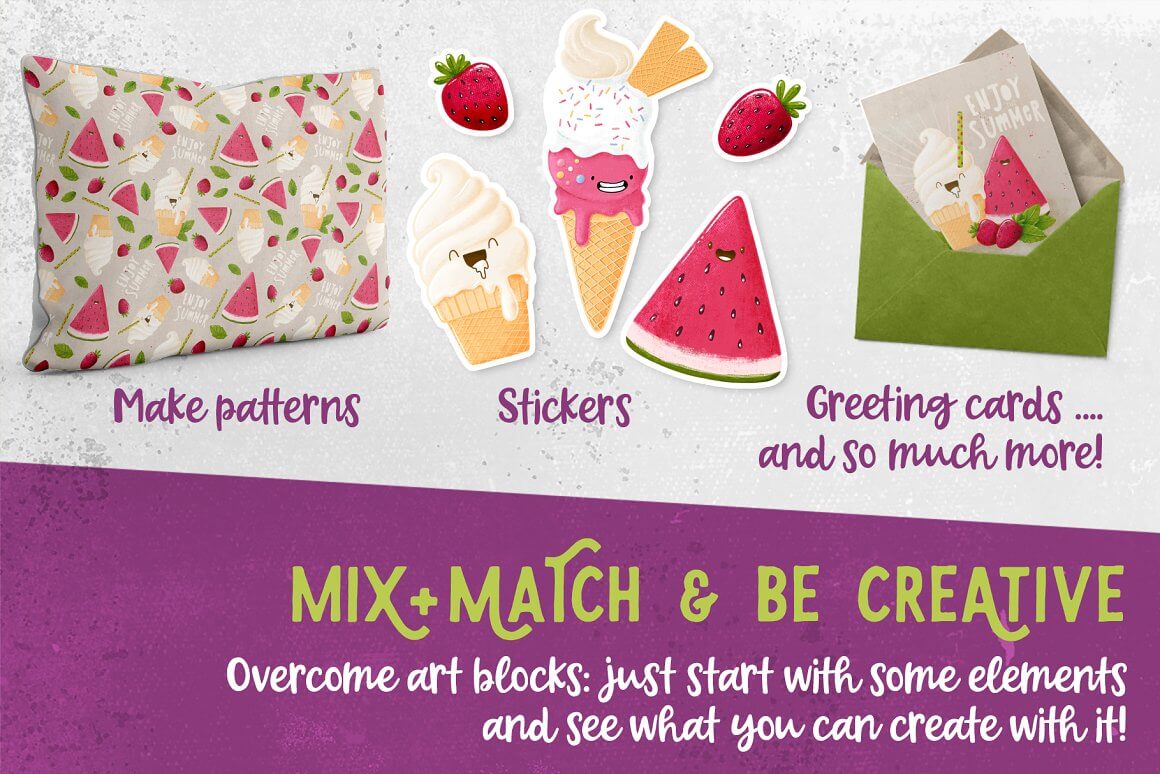 创意卡通冰淇淋和水果图案Procreate笔刷素材Procreate Icecream  Fruits Stamps-酷社 (KUSHEW)