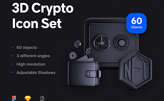 黑色哑光加密&金融产品主题3D图标集 3D Crypto Icon Set