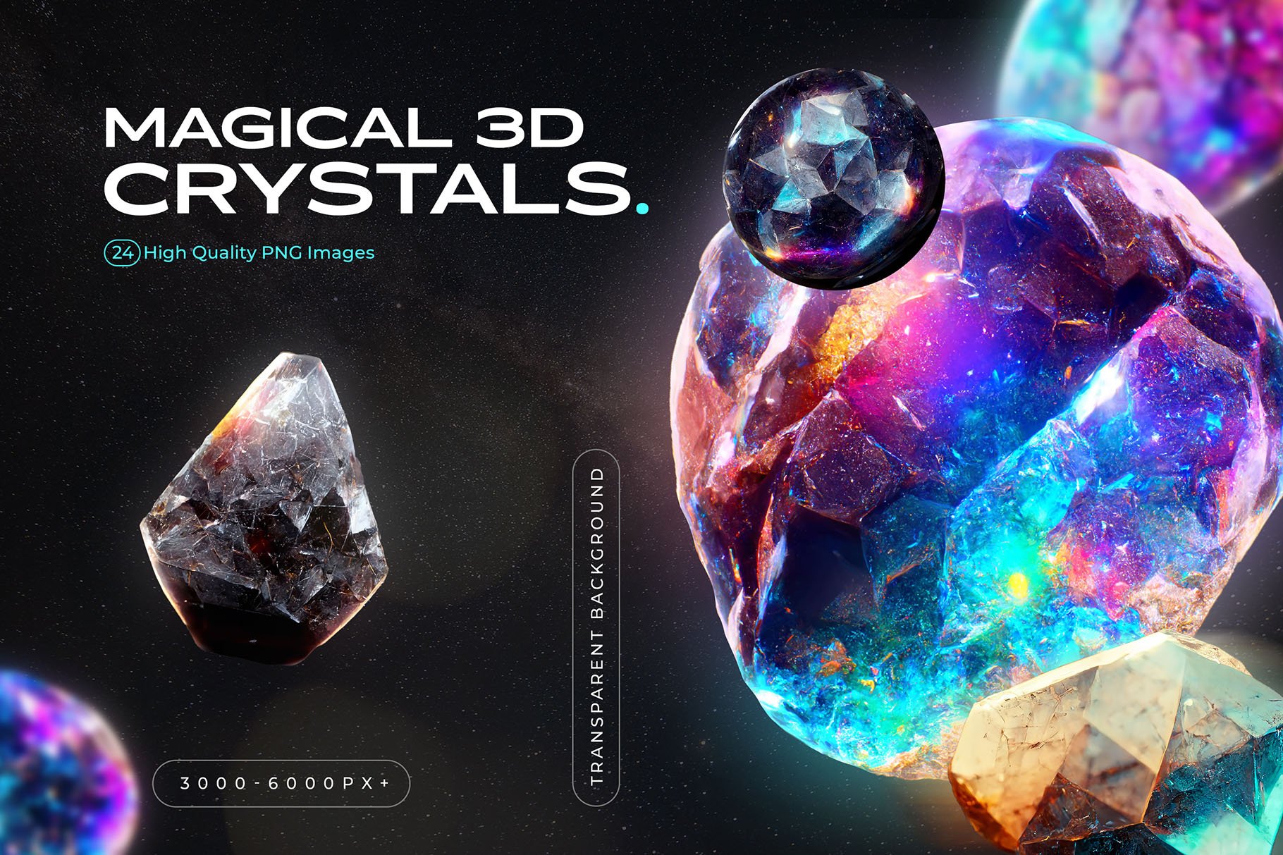 24款超现实霓虹多色3D宝石&水晶PNG素材包 3D Gems & Crystals Collection-酷社 (KUSHEW)
