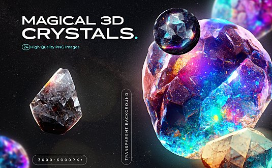 24款超现实霓虹多色3D宝石&水晶PNG素材包 3D Gems & Crystals Collection
