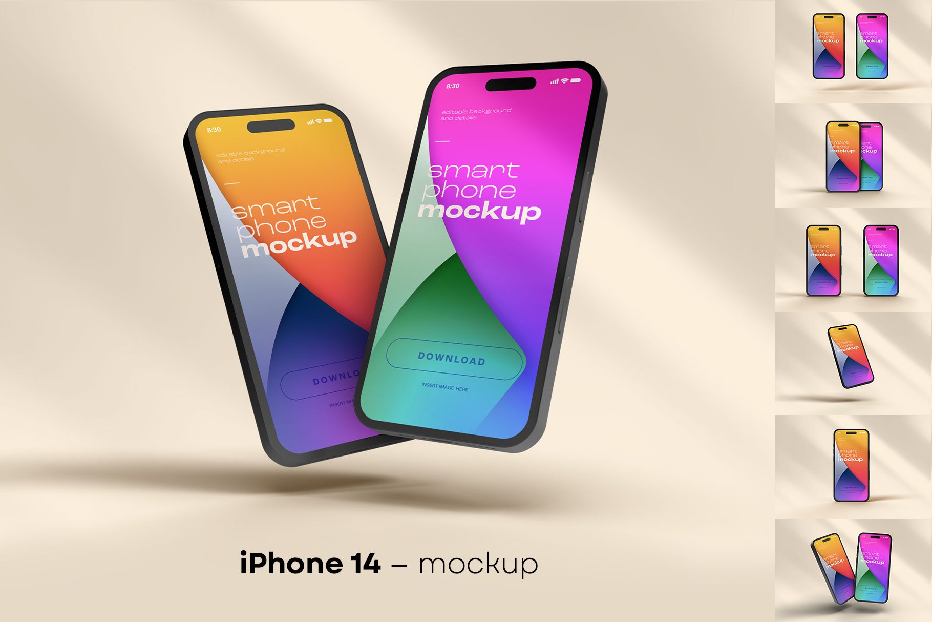2022新款iPhone 14 Pro苹果手机样机套装合集iPhone-14-Pro-Clay-Mockup-Set-酷社 (KUSHEW)