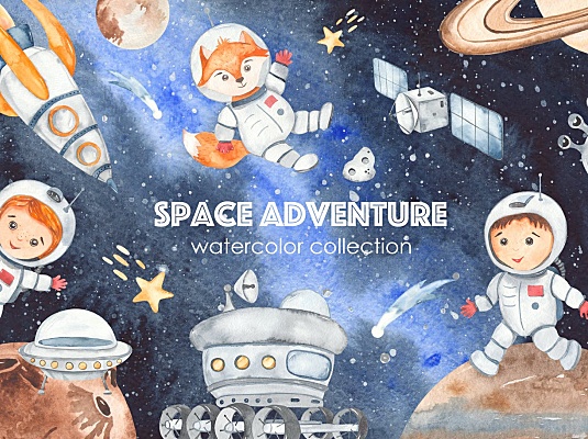 卡通手绘清新可爱太空宇宙主题插画素材集合 space-adventure-watercolor