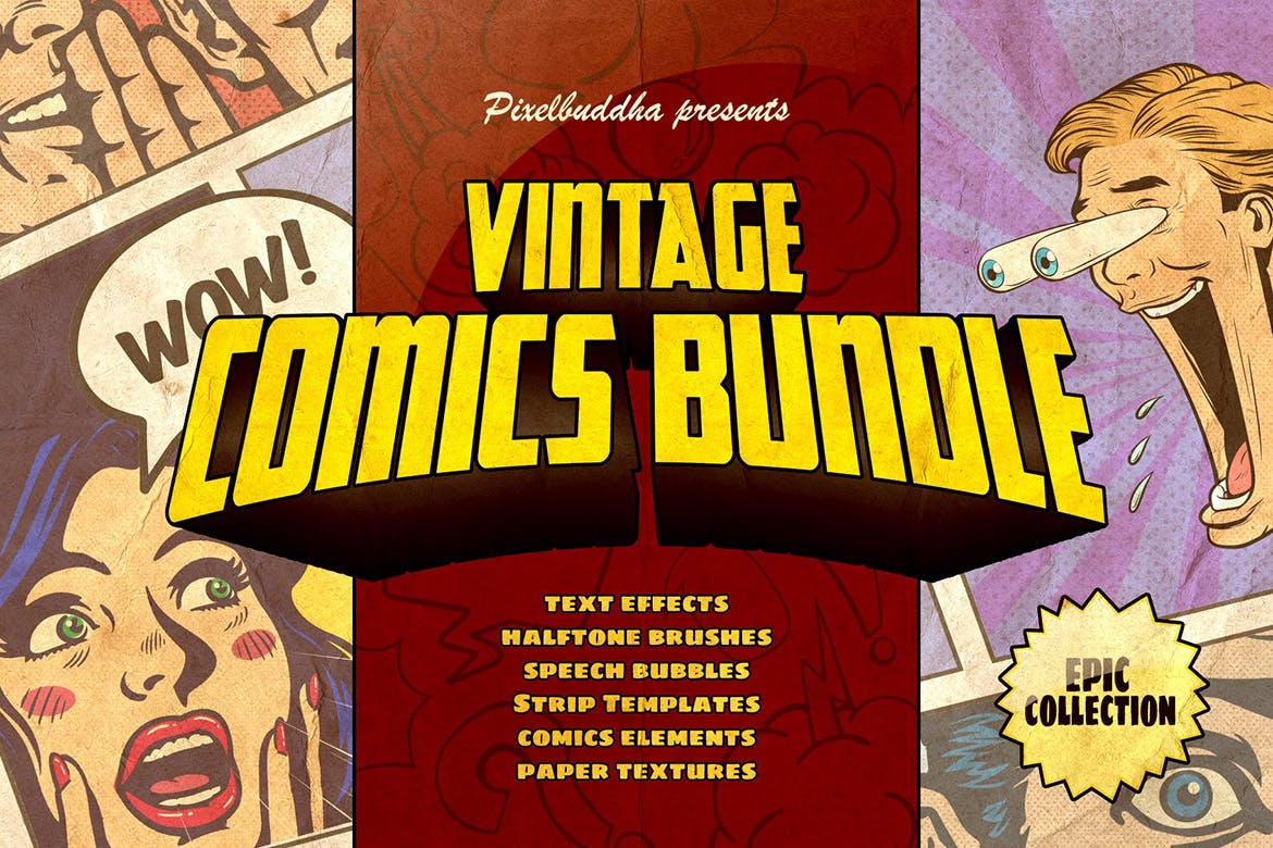 欧美式漫威漫画图层样式素材合集 marvelous-vintage-comics-bundle