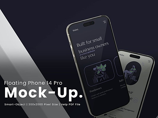 漂浮iPhone 14 pro手机样机APP UI屏幕展示 floating-phone-14-pro-mockup