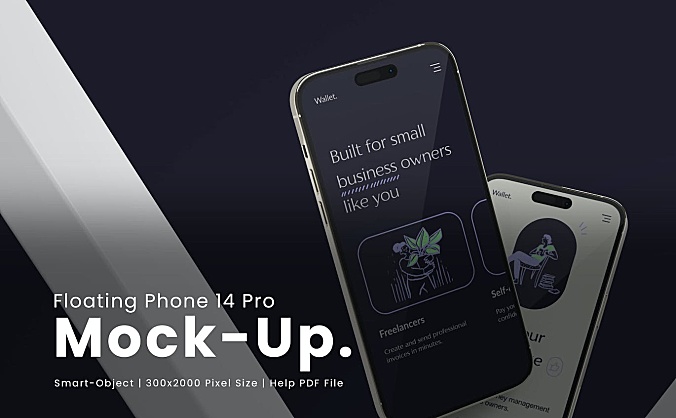 漂浮iPhone 14 pro手机样机APP UI屏幕展示 floating-phone-14-pro-mockup