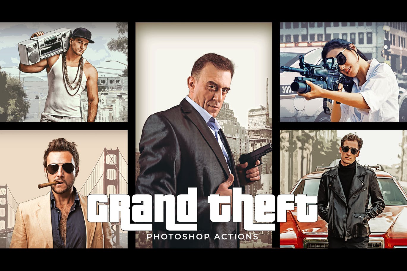 GTA5侠盗猎车手风格的手绘水彩风格ps动作下载grand-theft-photoshop-actions