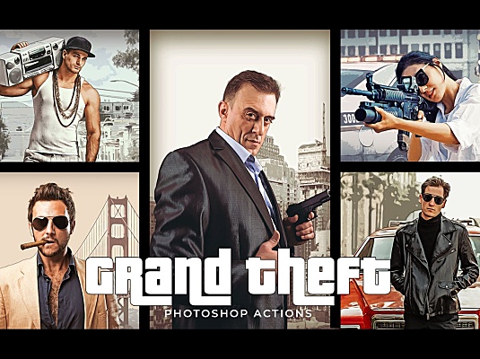 GTA5侠盗猎车手风格的手绘水彩风格ps动作下载grand-theft-photoshop-actions