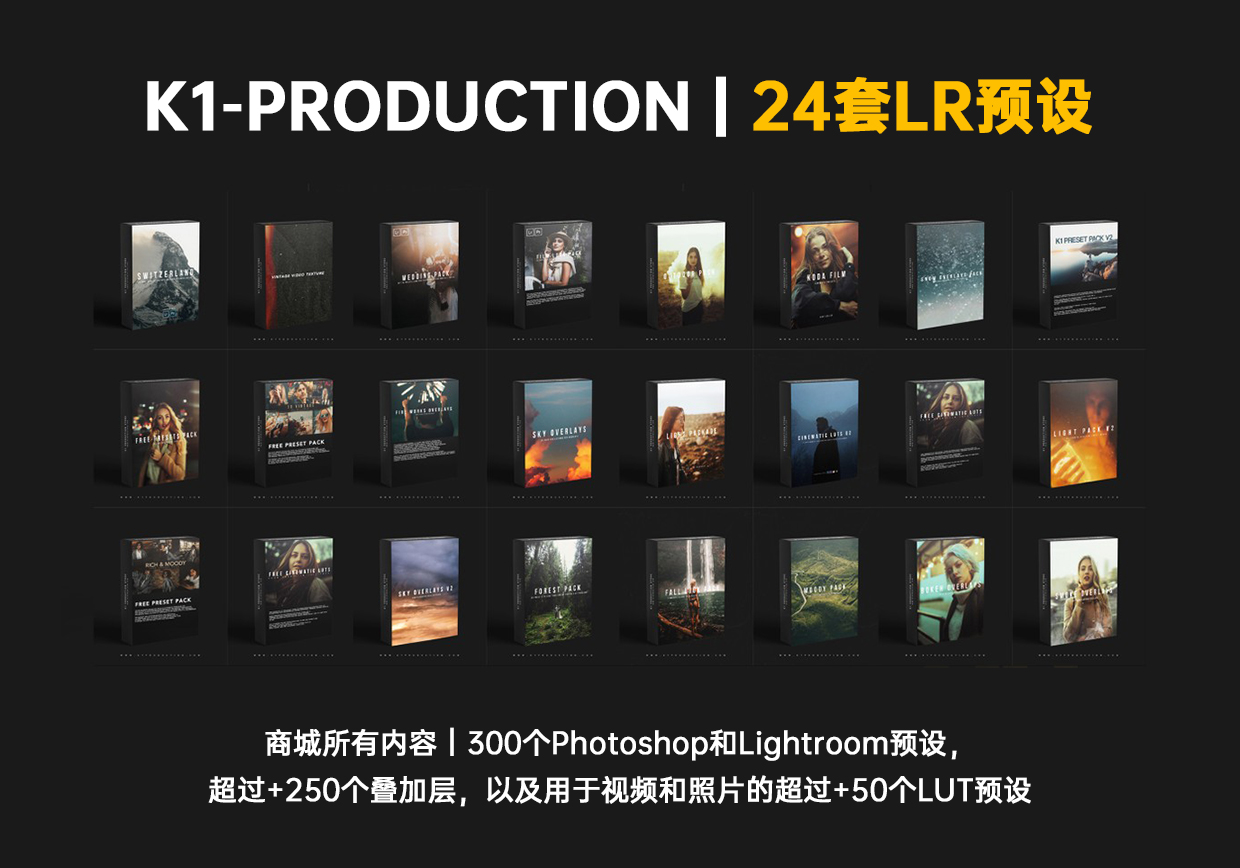 K1-PRODUCTION海外大神24套LR/PS预设Vlog视频调色LUT终极摄影套装
