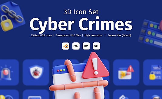 Blender网络安全主题3D图标合集 cyber-crimes-3d-icon-set