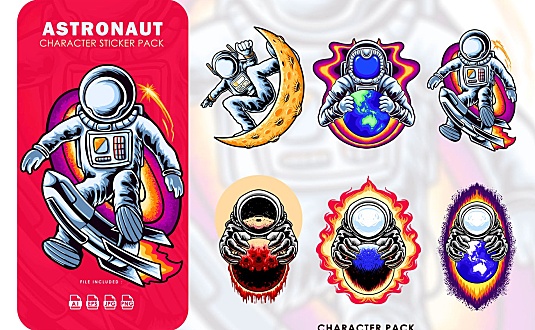 6个手绘卡通宇航员矢量插画集合 6-astronaut-character-sticker-pack