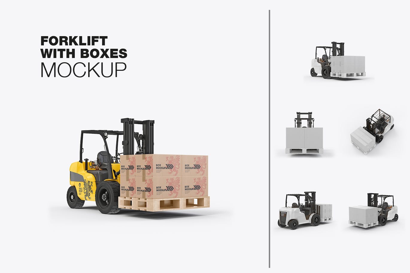 叉车货物纸箱外包装设计样机set-forklift-with-boxes-mockup