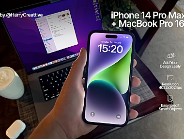 手持iPhone 14 Pro Max和MacBook Pro样机屏幕UI展示模型iphone-mockup