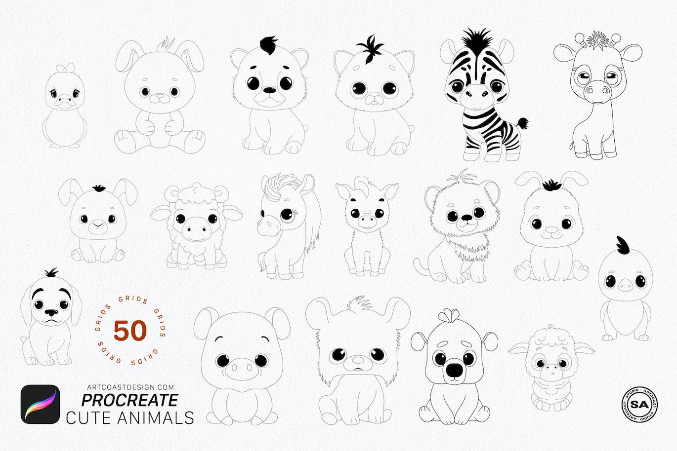 50个iPad Procreate可爱的动物线稿笔刷procreate-cute-animals-grids-酷社 (KUSHEW)