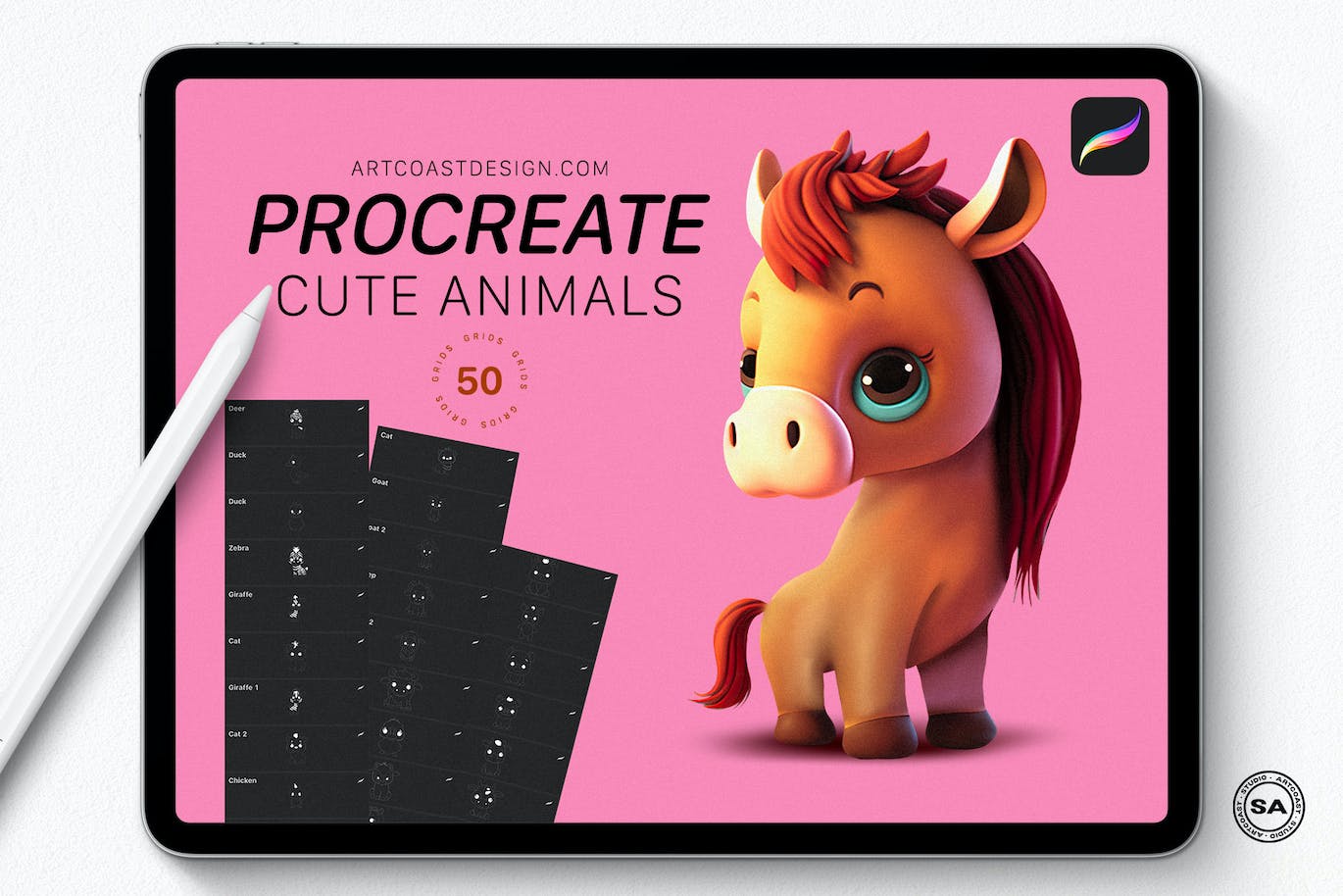 50个iPad Procreate可爱的动物线稿笔刷procreate-cute-animals-grids-酷社 (KUSHEW)